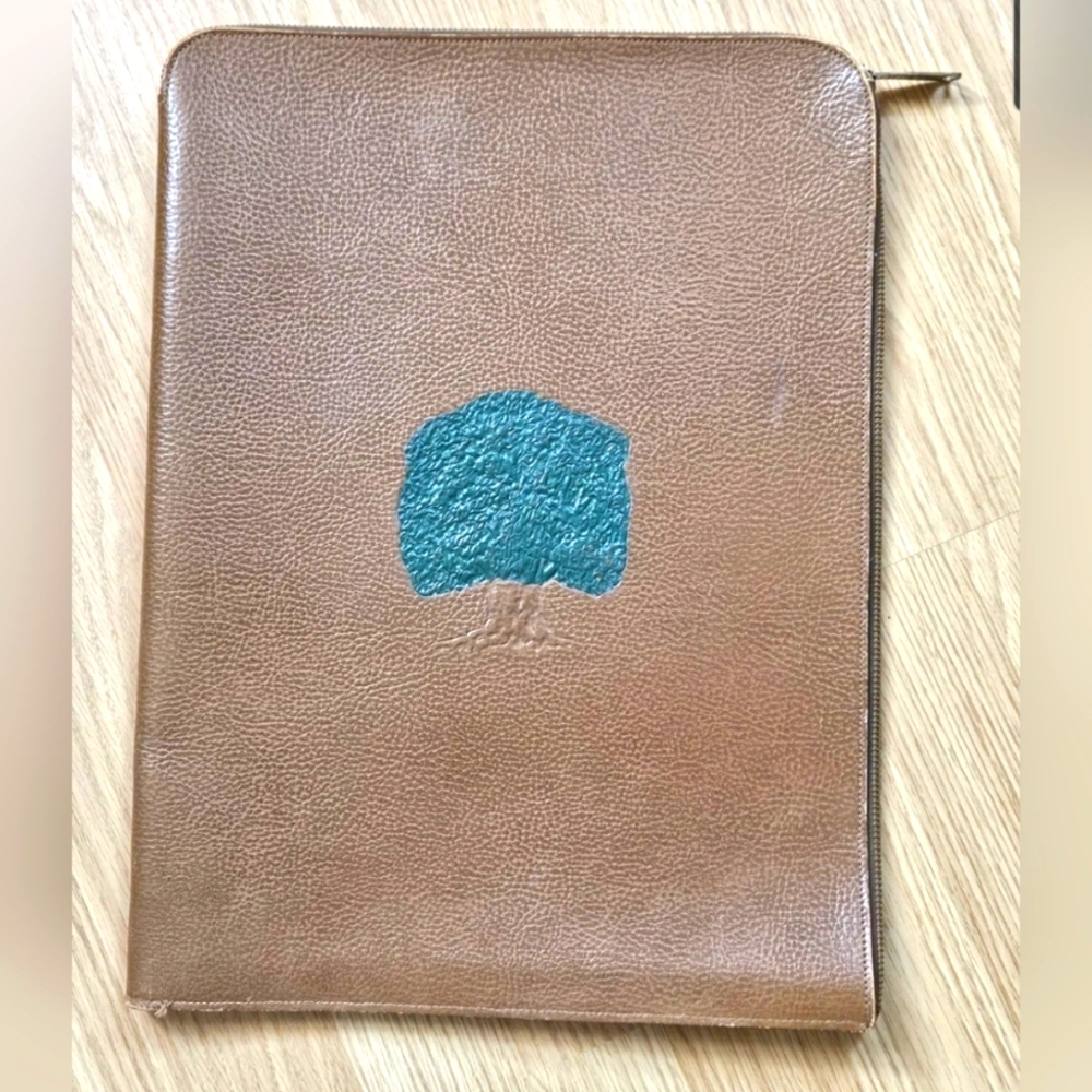 Antique Leather Pouch. Embossed & Painted Front, 3-sided Zip Closure. Unique.